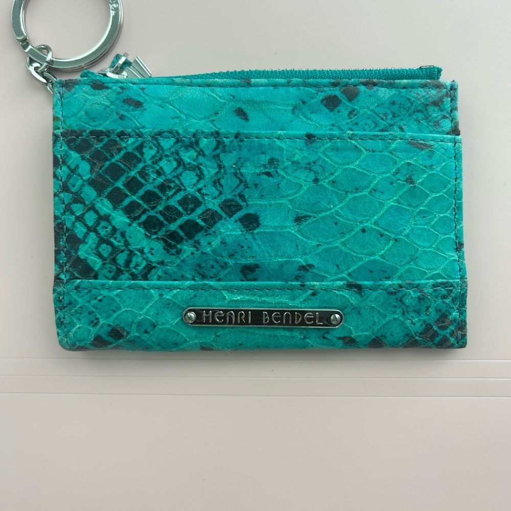Henri Bendel Teal Snake Print Keyring Wallet